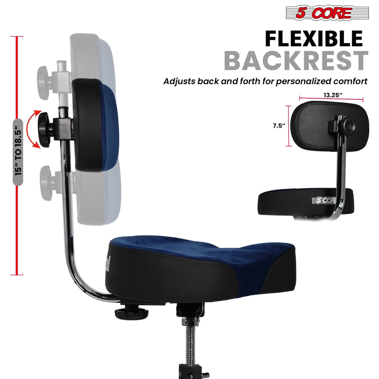 5 Core Drum Throne w Backrest 4" Padded Adjustable 26.5" Drummer Stool w Velvet Top 441Lb Capacity