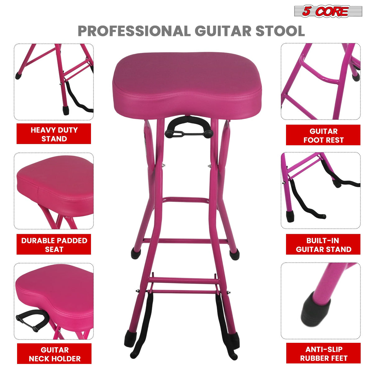 5 Core Guitar Stool 3.15" Padded Chair Foldable Music Seat w Built in Foot Rest Guitar Stand