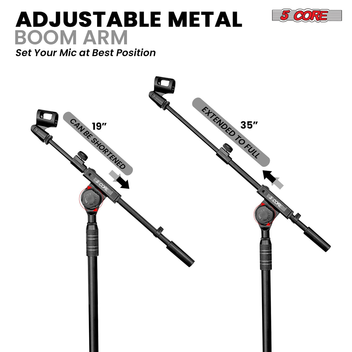 5 Core Mic Stand 2Pcs Adjustable 82" Microphone Stands Floor w 180° Telescoping Metal Boom Arm