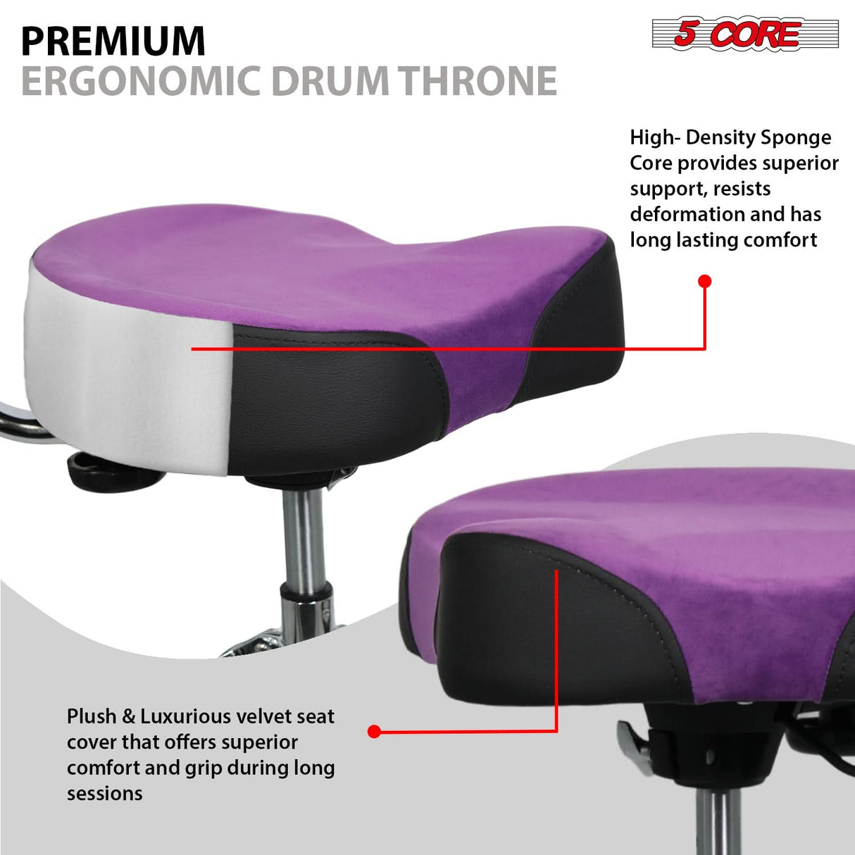 5 Core Drum Throne w Backrest 4" Padded Stool Airlift 25" Adjustable Drummer Stool 441Lb Capacity