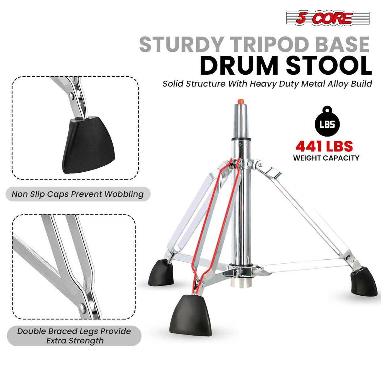 5 Core Drum Throne w Backrest 4" Padded Stool Airlift 25" Adjustable Drummer Stool 441Lb Capacity
