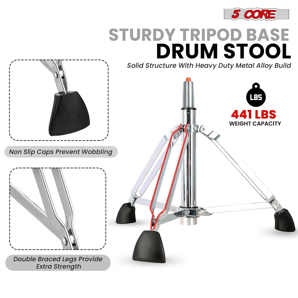 5 Core Drum Throne w Backrest 4" Padded Stool Airlift 25" Adjustable Drummer Stool 441Lb Capacity