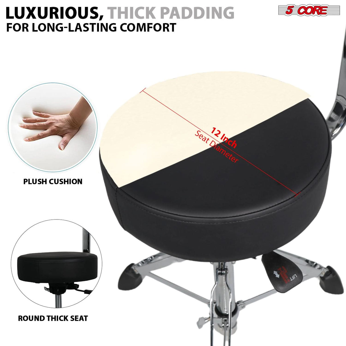 5 CORE Drum Throne with Backrest 4" Padded Stool Airlift Adjustable 25.5" Drummer Chair w Round Seat Leather Top Heavy Duty 441Lb Capacity for Adults