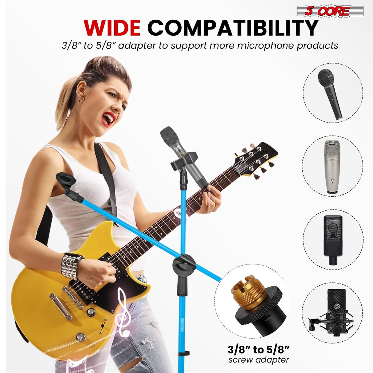 5 Core Dual Microphone Stand 2 Pack, Adjustable Tripod Floor Stand with Boom Arm, Sky Blue
