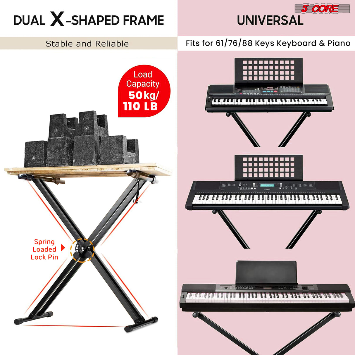 5 Core Keyboard Stand Piano Bench Combo Adjustable Key Board Stands 3" Padded Musician Chair Set