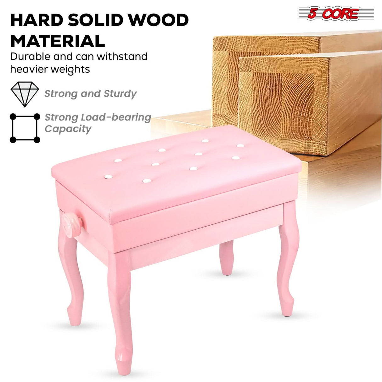 5 Core Piano Bench 3" Padded Cushioned Stool Wooden Heavy Duty Adjustable Musician Chair w Storage
