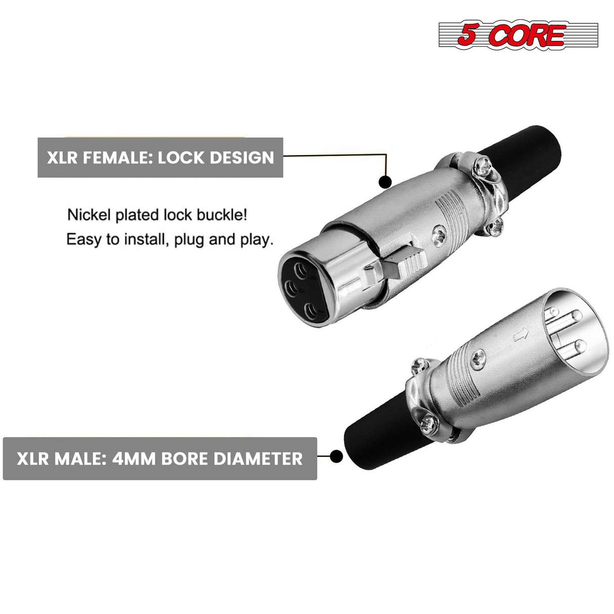 5Core XLR Connector Male Female to 1/4 Audio Jack 3 Pin Secure Mic Plug w Locking Ends 10 PAIR