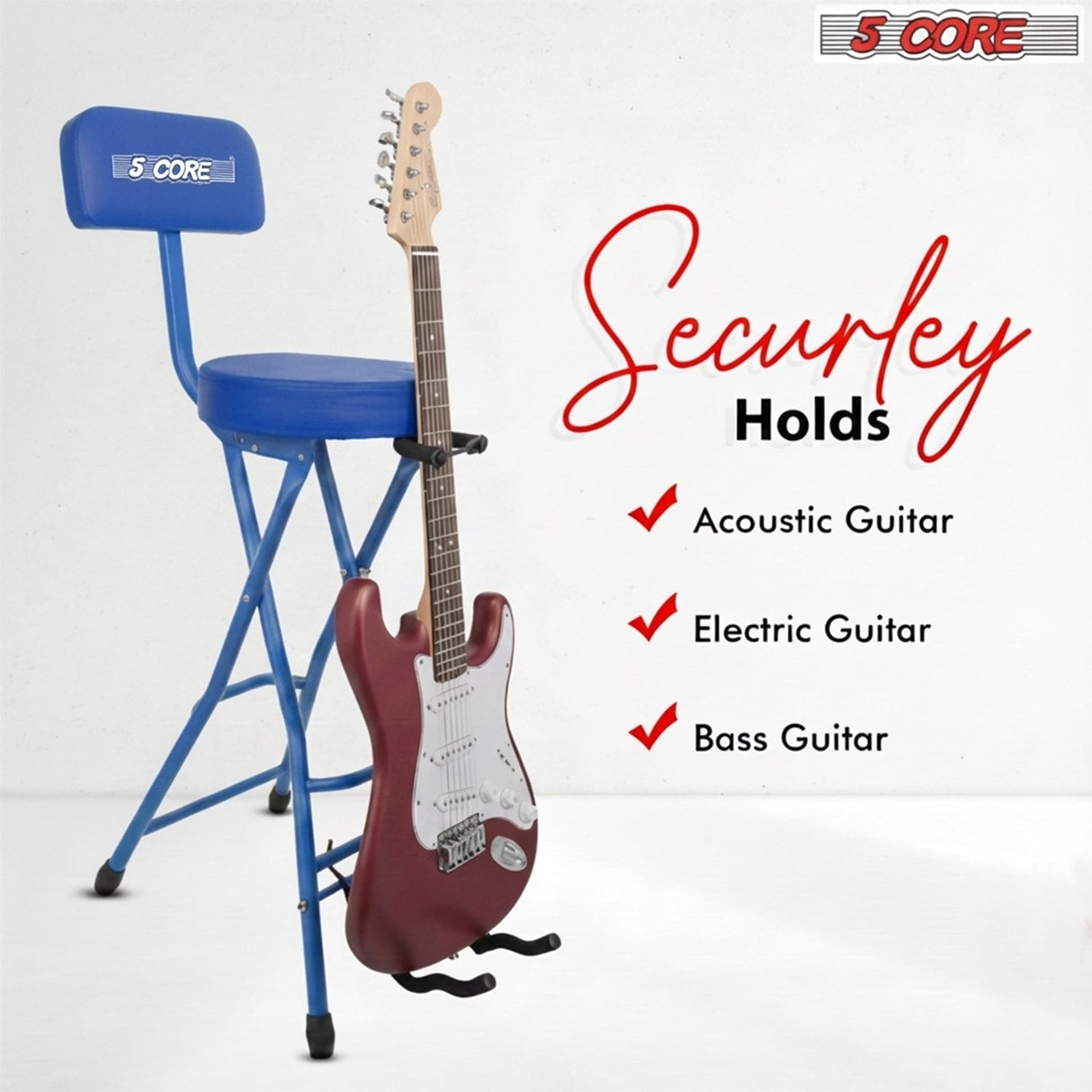 5 Core Guitar Stool w Backrest 3.15" Padded Chair Foldable Music Seat Built in Foot Rest Guitar Stand
