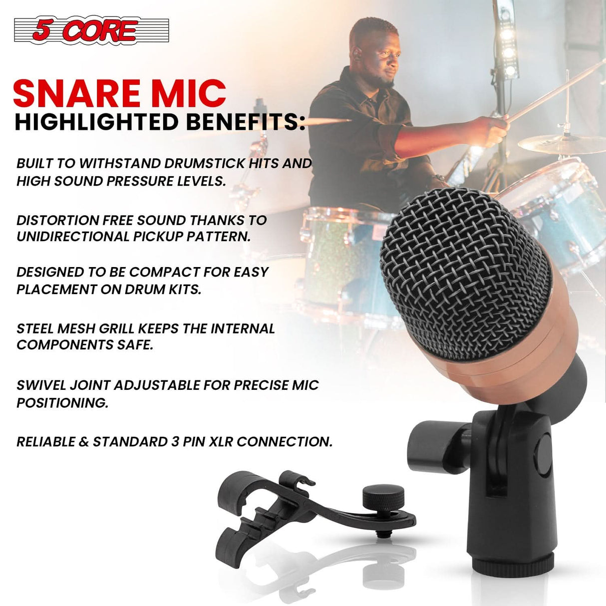 Compact 5Core tom drum mic with noise reduction and clear pickup