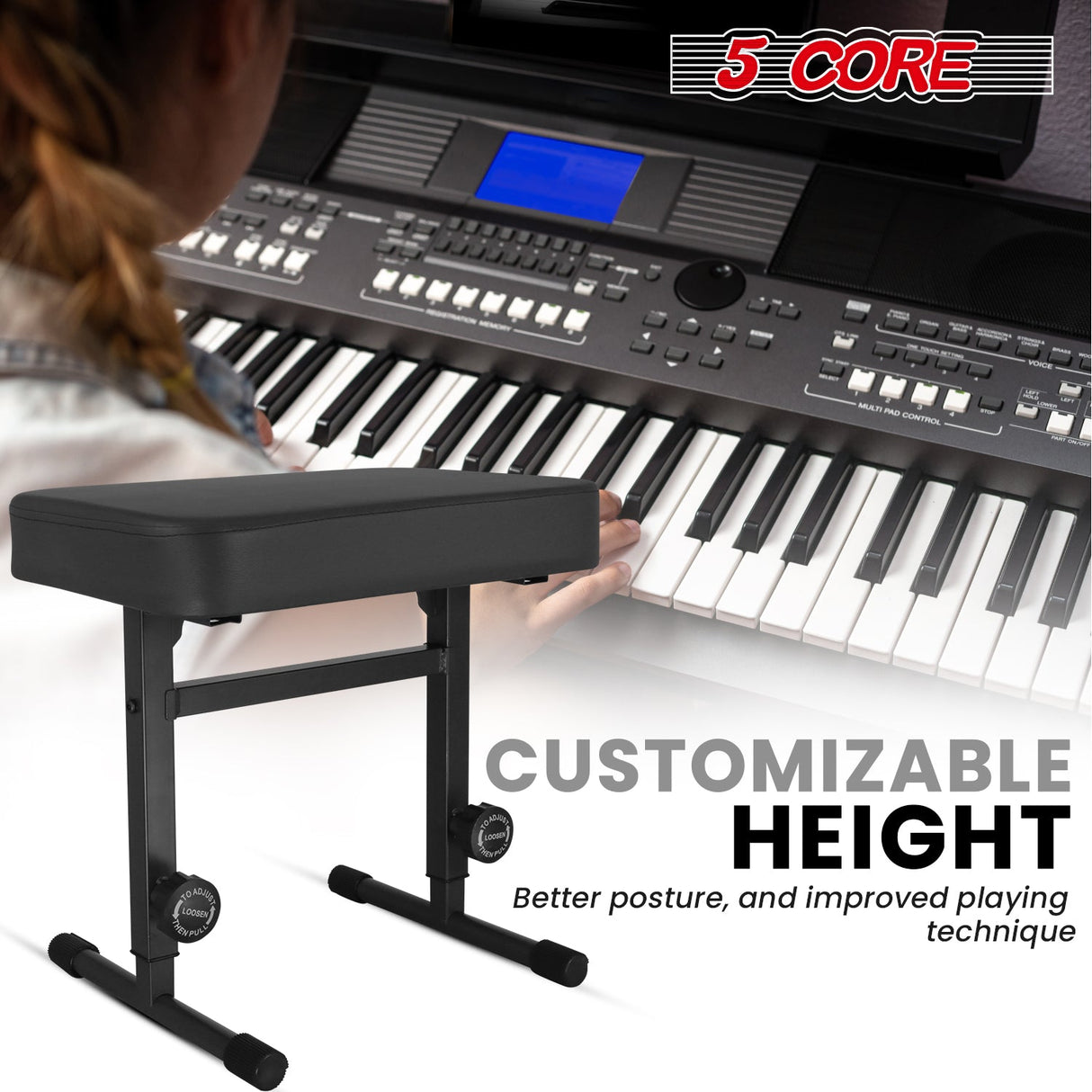 5 Core Keyboard Bench 3" Padded Cushioned Piano Stool Height Adjustable Guitar Seat Folding Portable