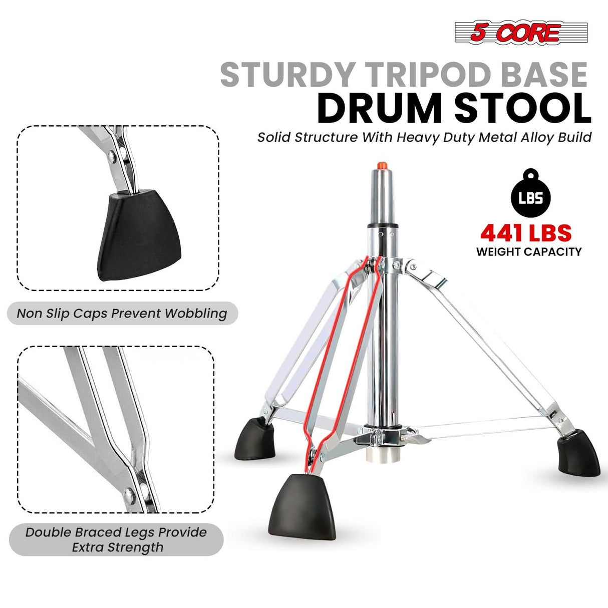 5 Core Drum Throne w Backrest 4" Padded Stool Airlift 25" Adjustable Drummer Stool 441Lb Capacity
