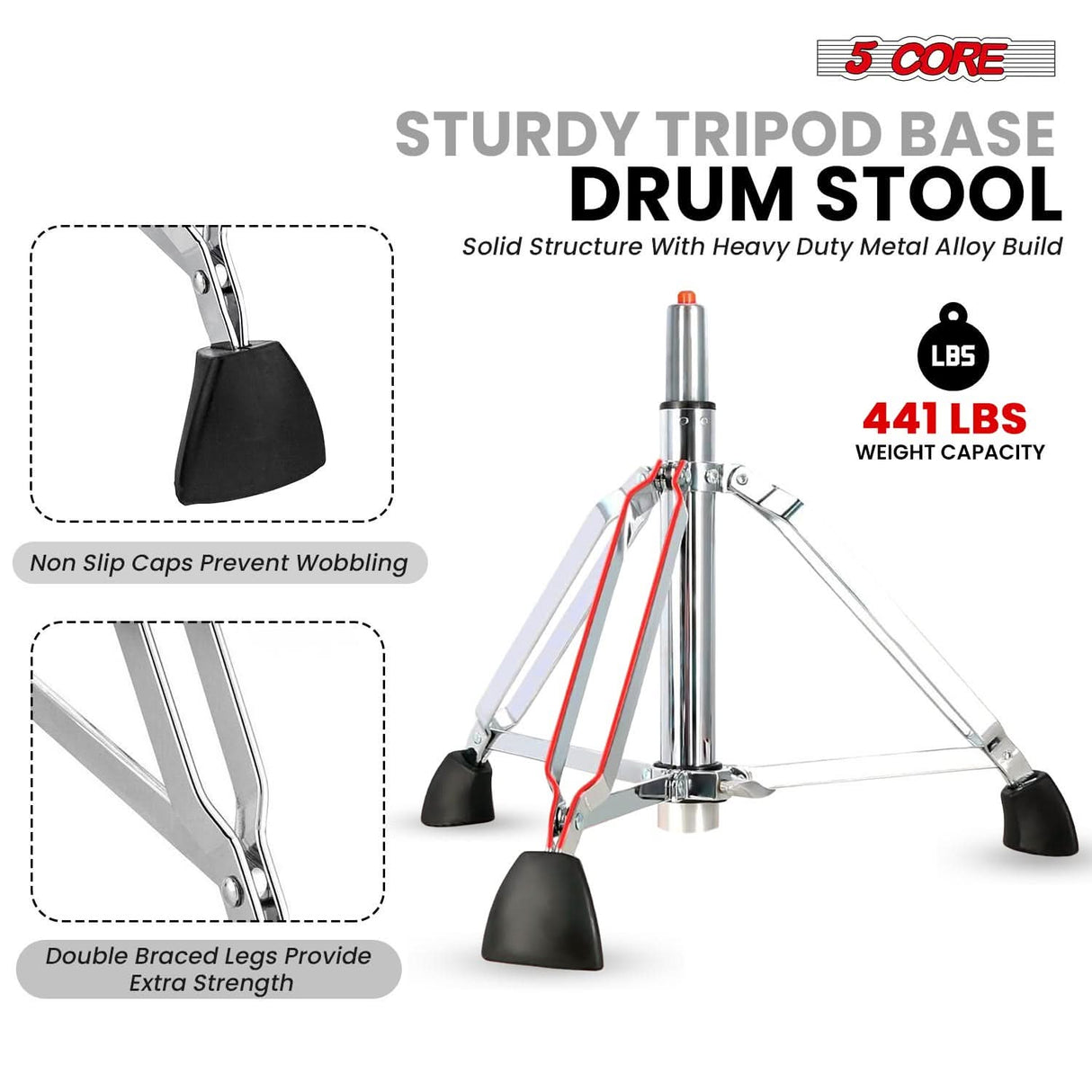 5 Core Drum Throne w Backrest 4" Padded Stool Airlift 25" Adjustable Drummer Stool 441Lb Capacity