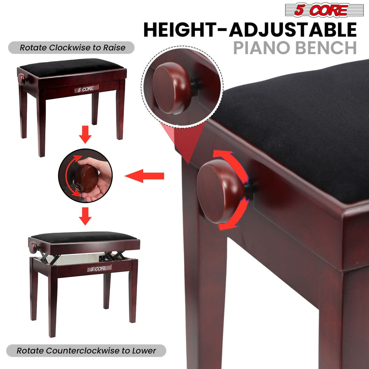 5 Core Adjustable Piano Bench Thick 3.25" Solid Wood Keyboard Stool Heavy Duty Musician Chair