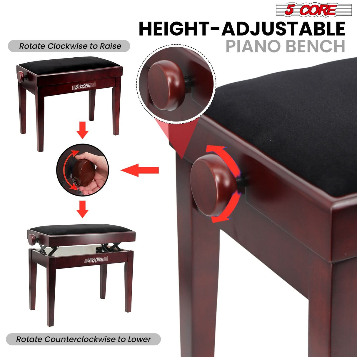 5 Core Adjustable Piano Bench Thick 3.25" Solid Wood Keyboard Stool Heavy Duty Musician Chair