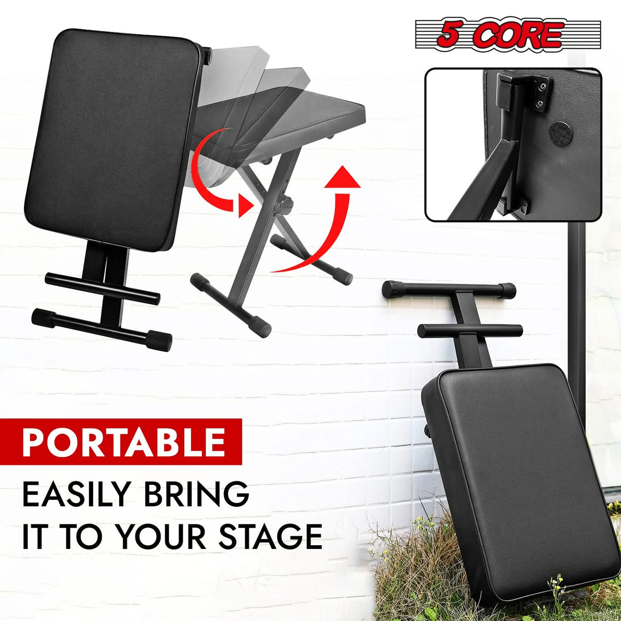 5 Core keyboard bench durable metal legs side angle view