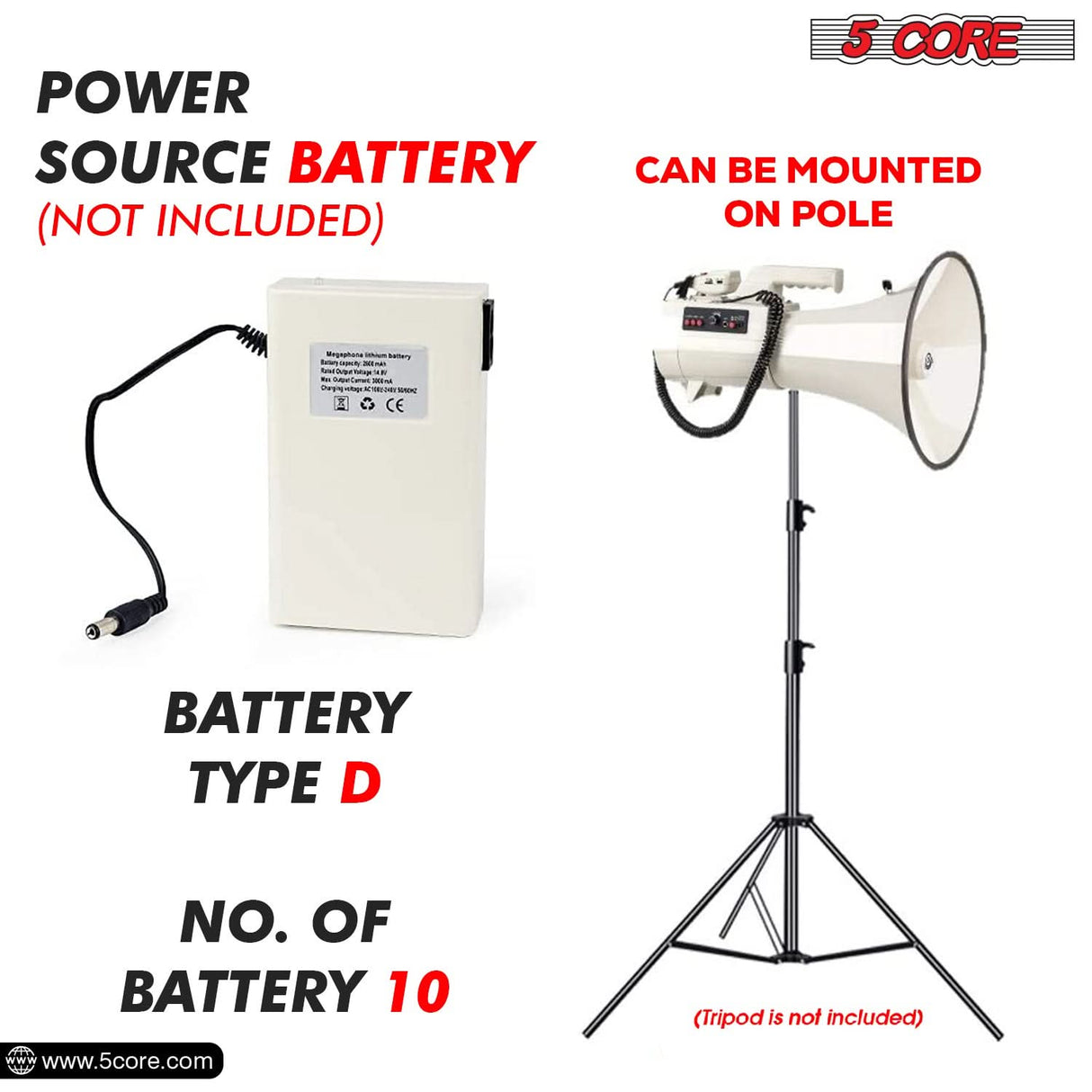 5Core Megaphone Bullhorn Speaker 100W Professional Bull Horn Battery Power Megafono 2000Yard Range