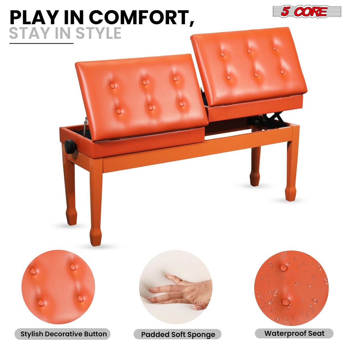 5 Core Duet Piano Bench 3.5 Inch Padded Cushioned Stool Wooden Heavy Duty Musician Chair w Storage