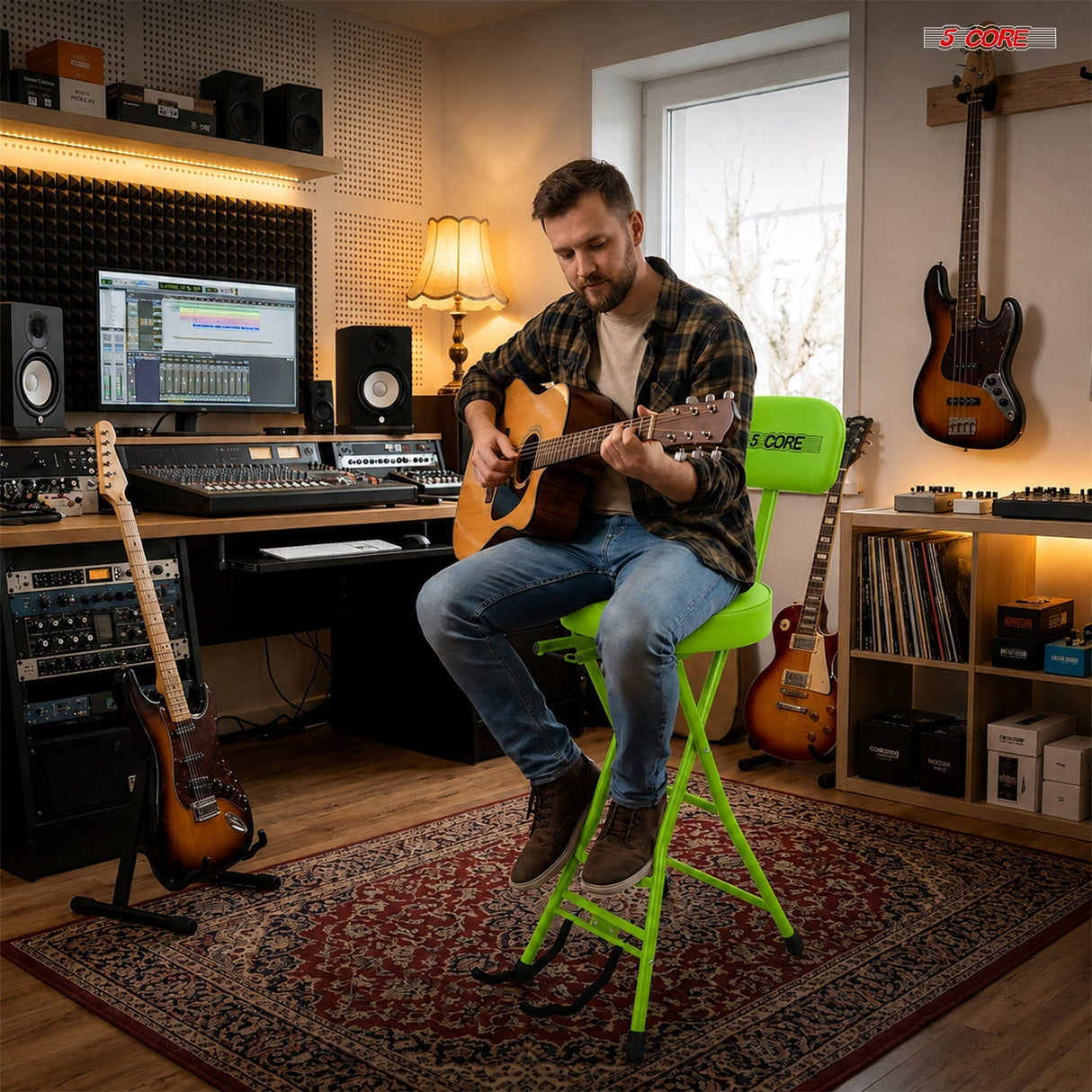 5Core Guitar Stool 3.15" Padded Chair w Backrest Foldable Music Seat Built in Foot Rest Guitar Stand