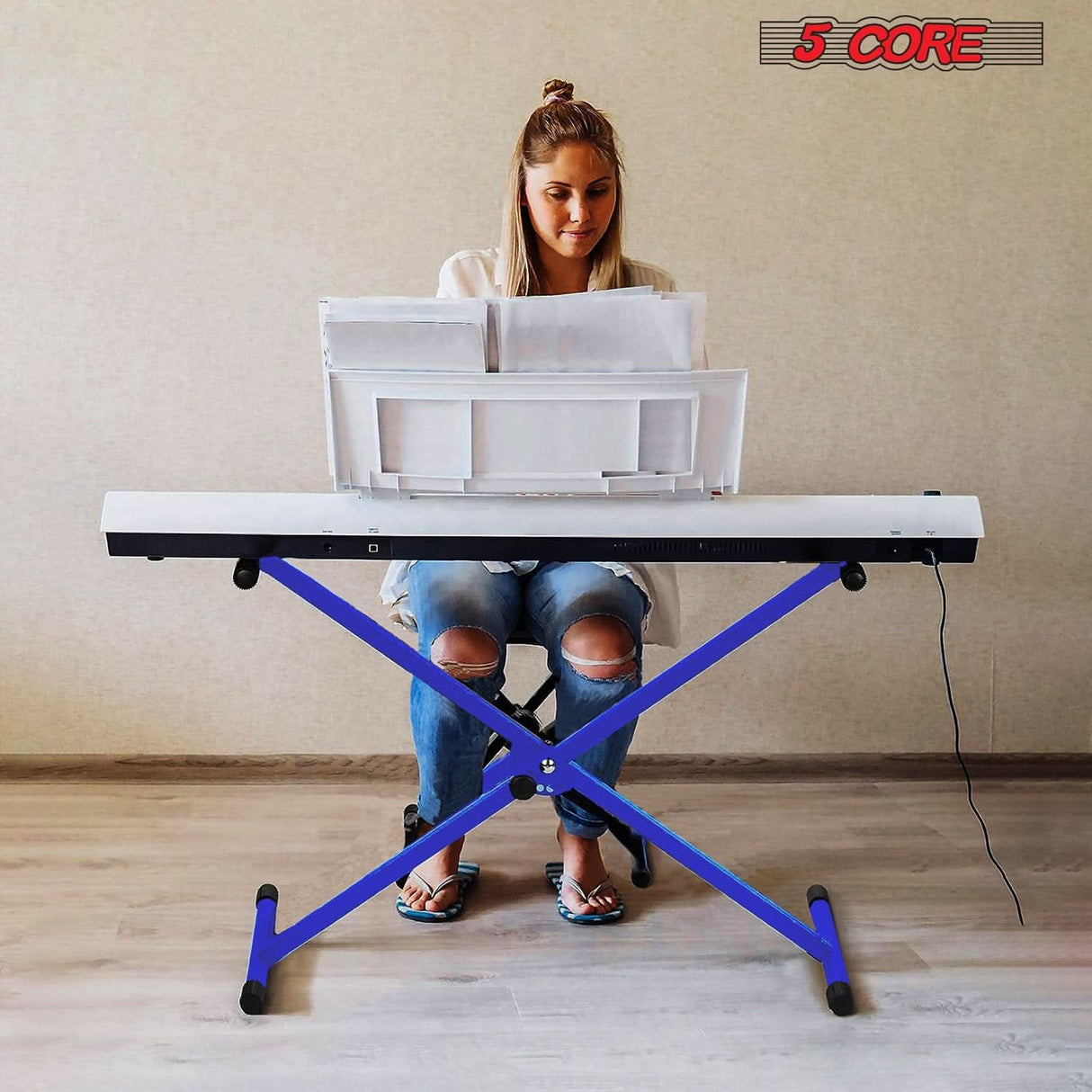 5Core Keyboard Stand Single X Style Adjustable Lift Piano Riser For 49 To 88 Keys Blue