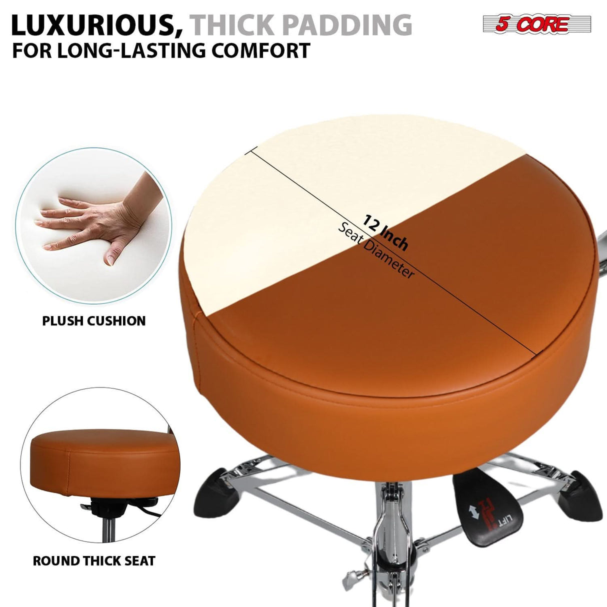 5 Core Drum Throne w Backrest 4" Padded Stool Airlift Adjustable 25.5" Drummer Chair 441Lb Capacity