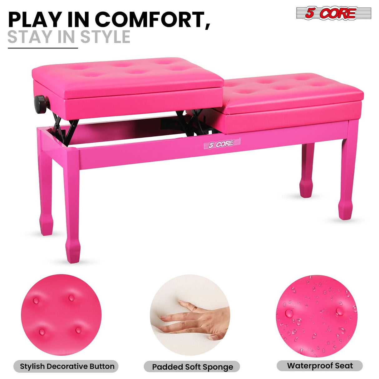 5 Core Duet Piano Bench 3.5 Inch Padded Cushioned Stool Wooden Heavy Duty Musician Chair w Storage