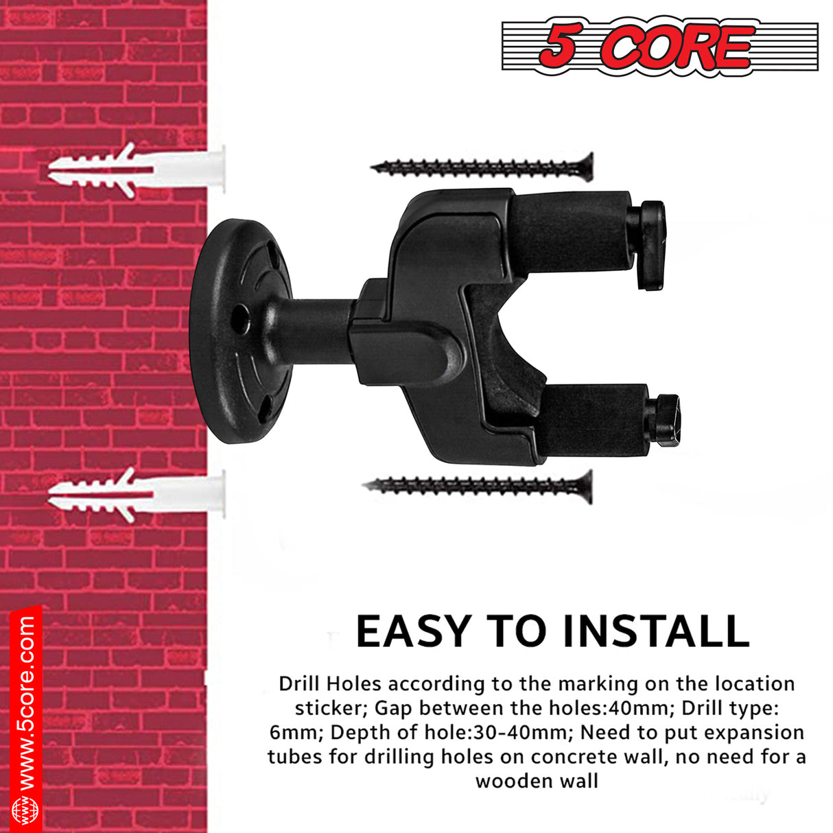 5Core Guitar Wall Mount Hanger Hook Metal Base Soft Padding Adjustable Rotatable Holder