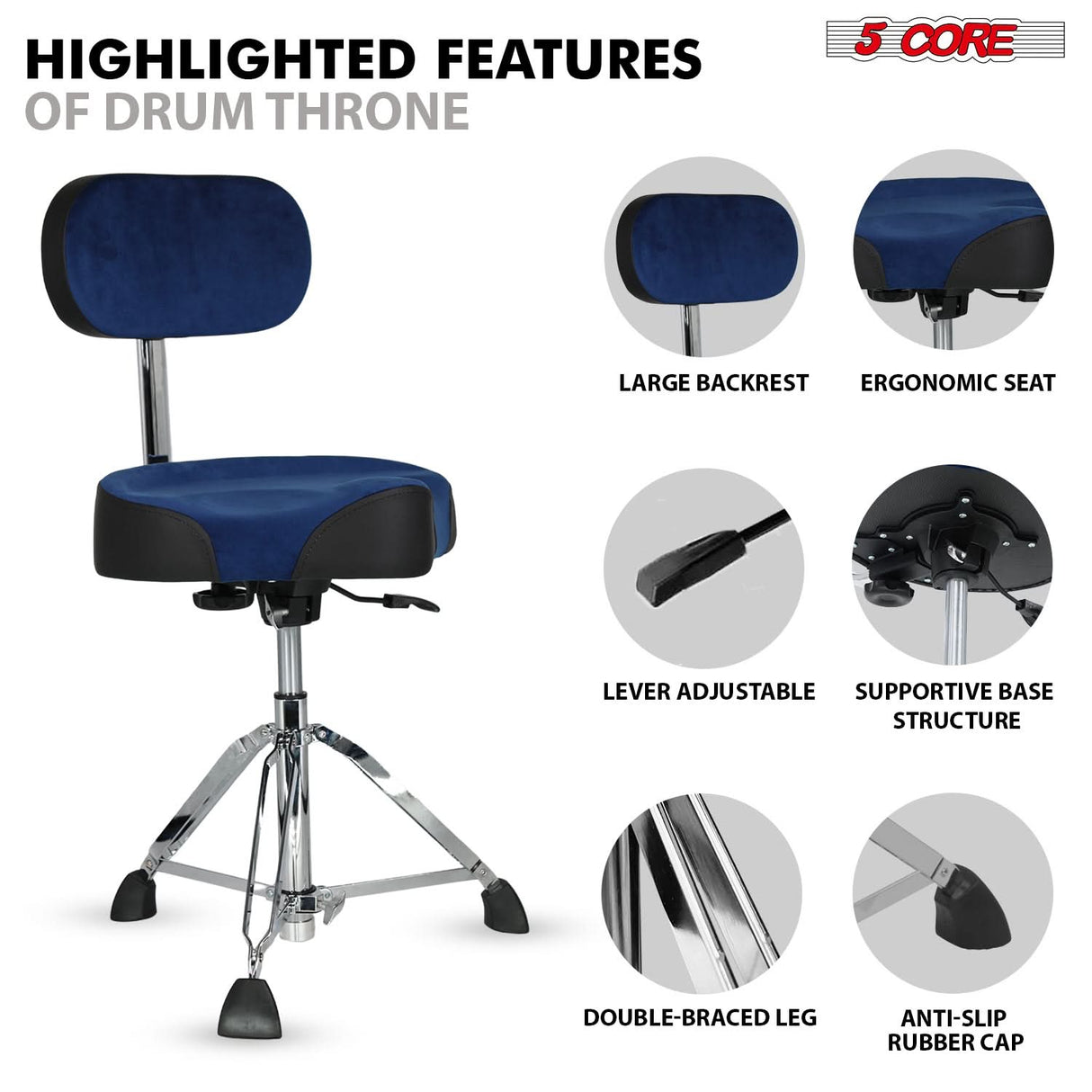 5 Core Drum Throne w Backrest 4" Padded Stool Airlift 25" Adjustable Drummer Stool 441Lb Capacity