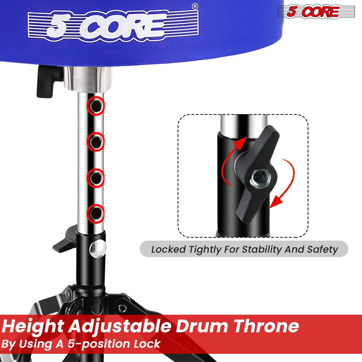 5 Core Drum Throne 3" Padded Drum Seat Height Adjustable Drumming Chair for Practice and Performance