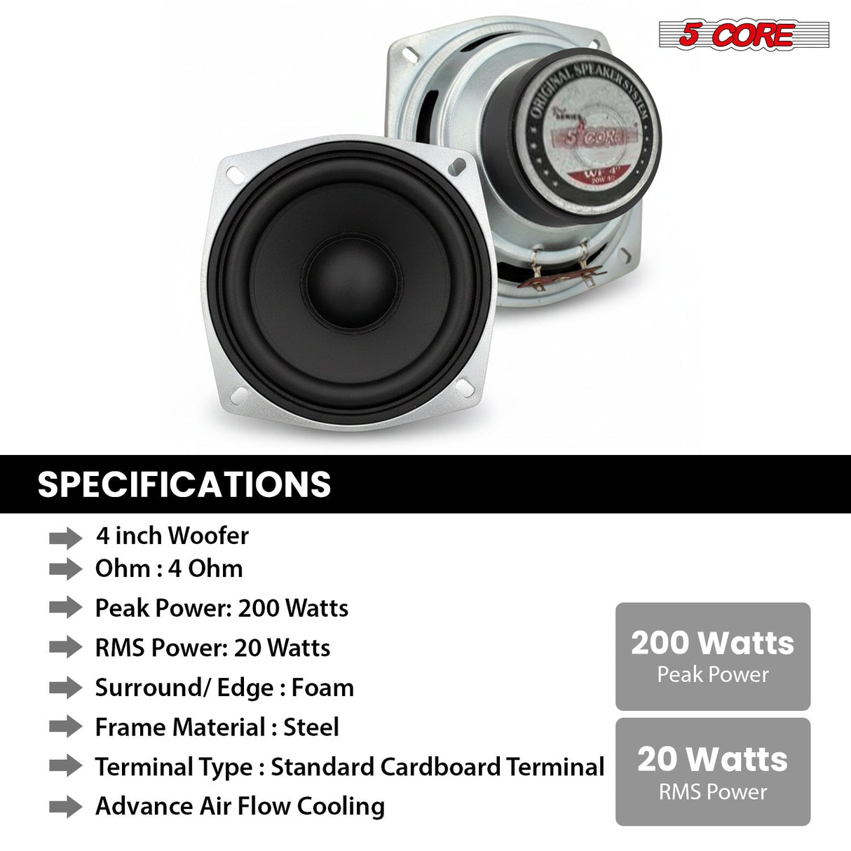 5 Core 4 Inch Subwoofer Pair 200W Car Audio Sub Woofer 4 Ohm Deep Bass Replacement Loud Speaker