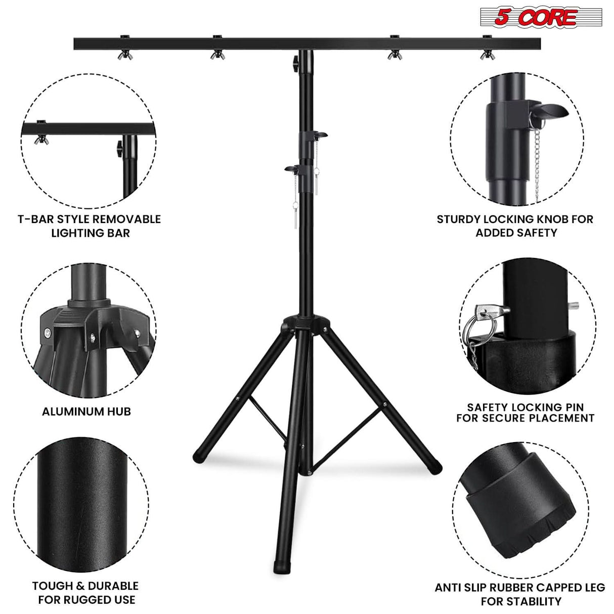 5 Core DJ Light Stand Height Adjustable 39-100" Heavy Duty Tripod Stage Lights Stands w Light T Bar