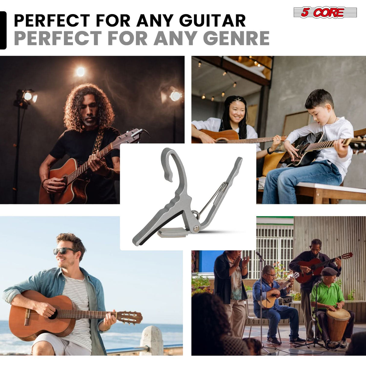 5 Core Guitar Capo Pair Quick Change Acoustic Electric String Clip Banjo Mandolin Or Ukulele Silver
