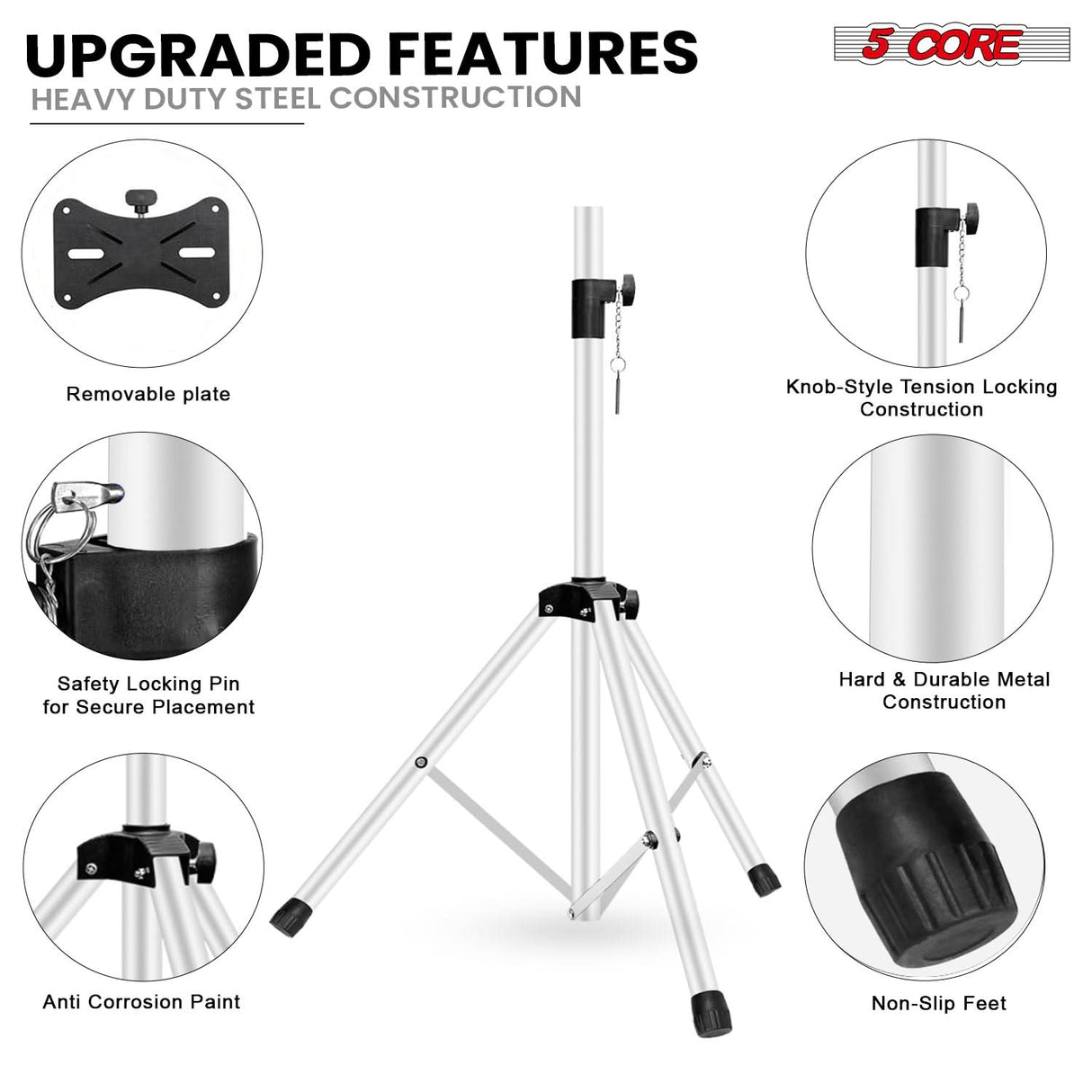 5 Core Speaker Stand Adjustable 31 to 54" PA DJ Tripod Stands Heavy Duty w 35mm Insert 132 Lbs