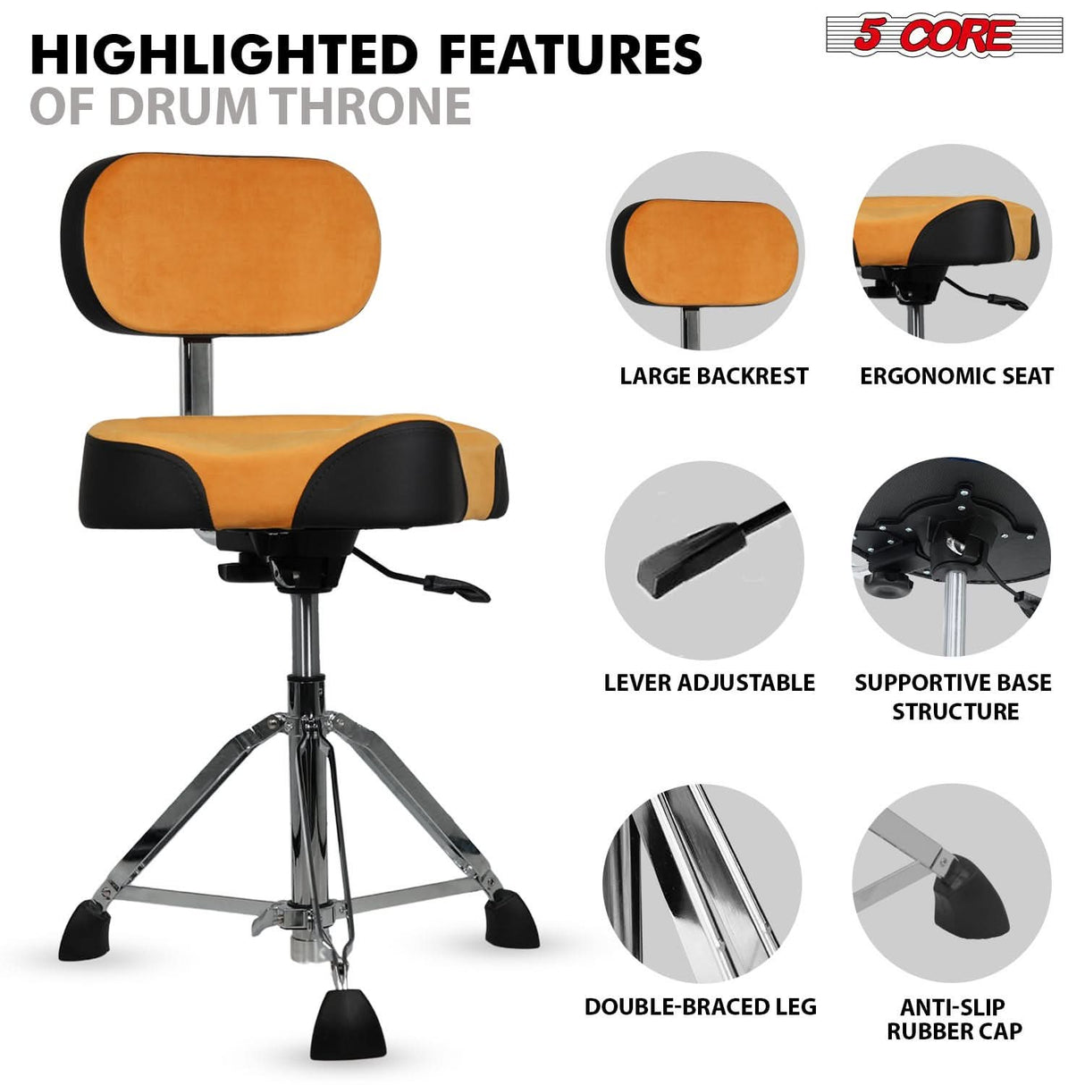 5 Core Drum Throne w Backrest 4" Padded Stool Airlift 25" Adjustable Drummer Stool 441Lb Capacity