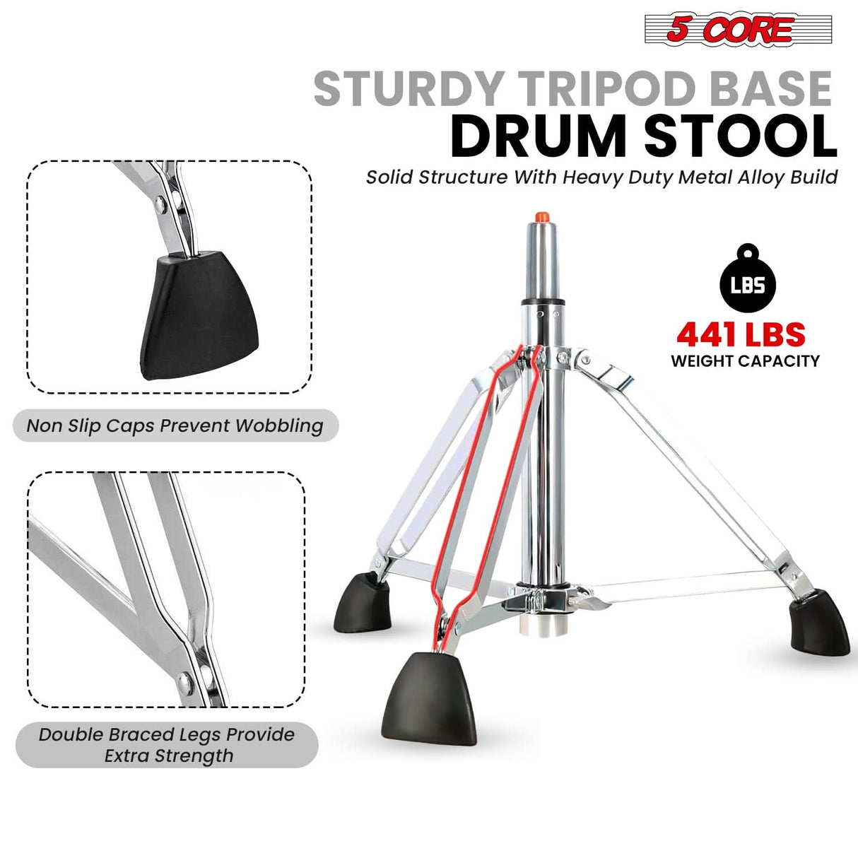 5 Core Drum Throne w Backrest 4" Padded Stool Airlift 25" Adjustable Drummer Stool 441Lb Capacity