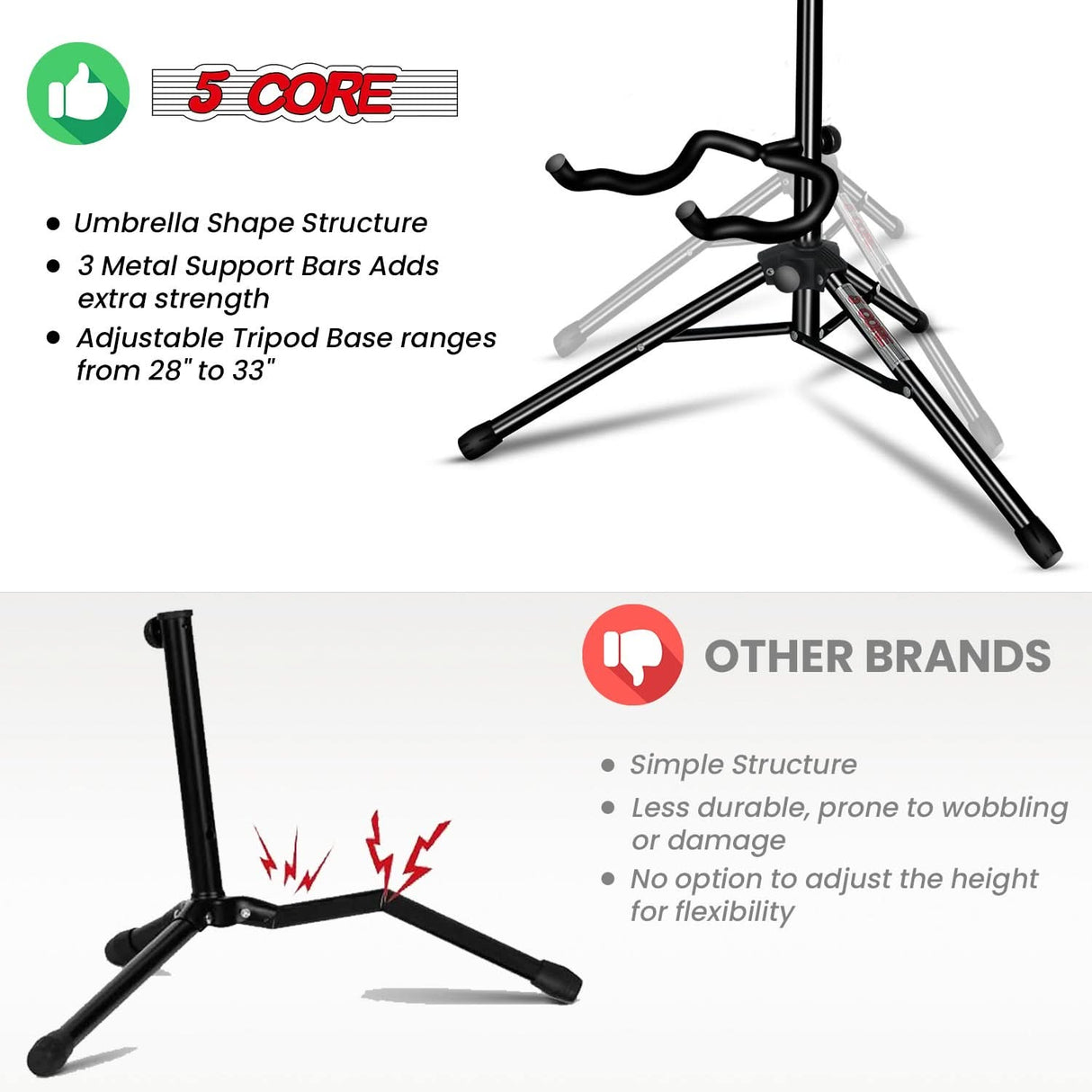 5Core Guitar Stand Pair Floor Folding Holder Soporte Para Guitarra for Acoustic Electric Bass