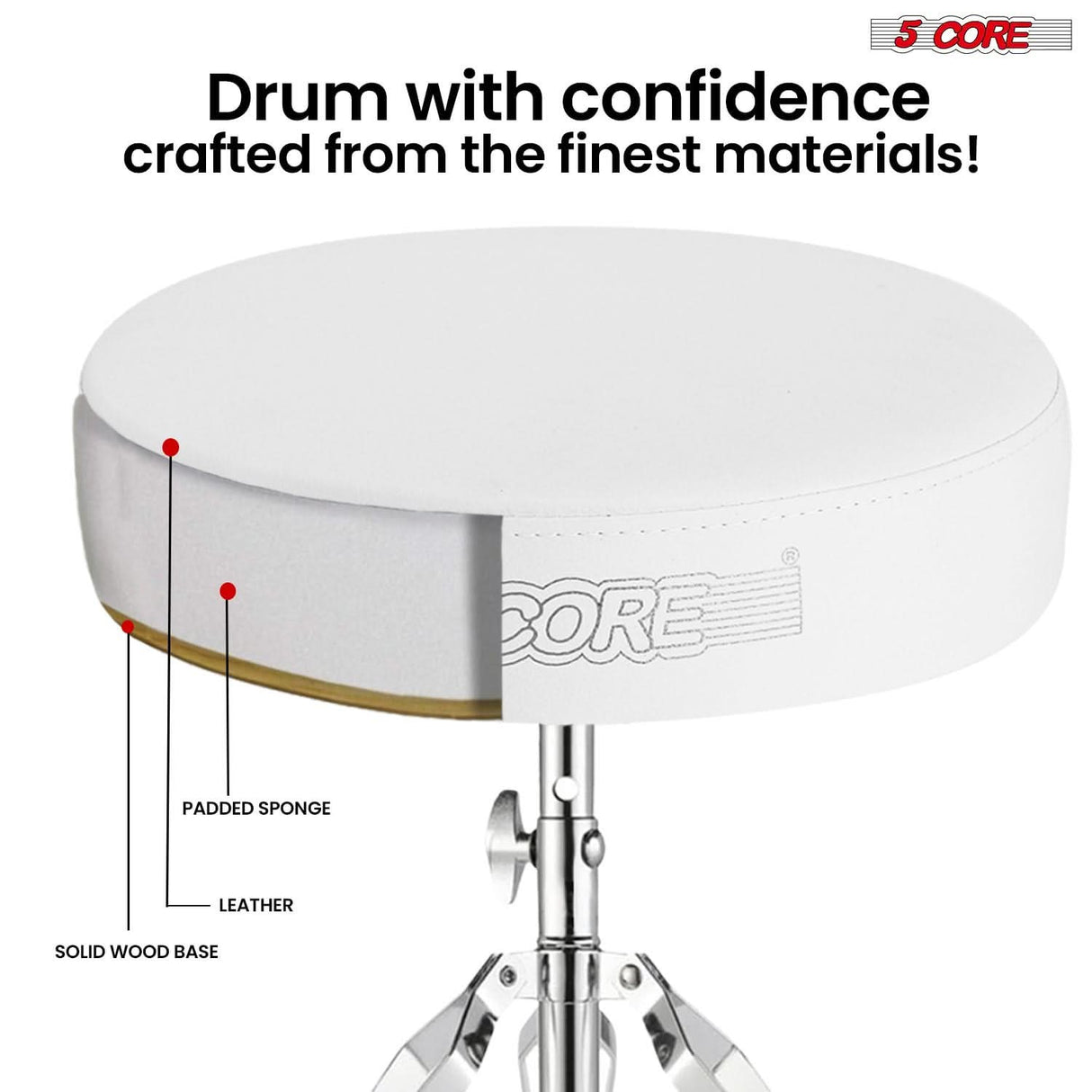 5Core Drum Throne Padded Adjustable Guitar Stool Drummer Seat for Adults & Kids WHITE