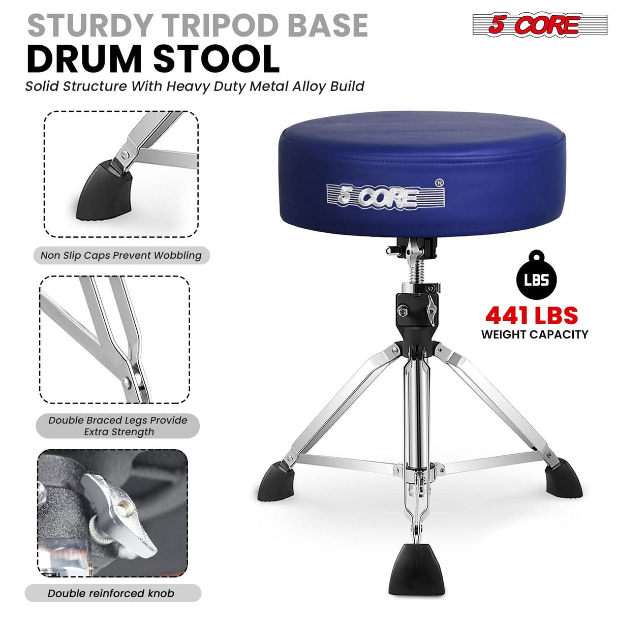 5 Core Drum Throne 4" Thick Padded Guitar Stool 441Lb Capacity 20-26” Adjustable Drummer Chair
