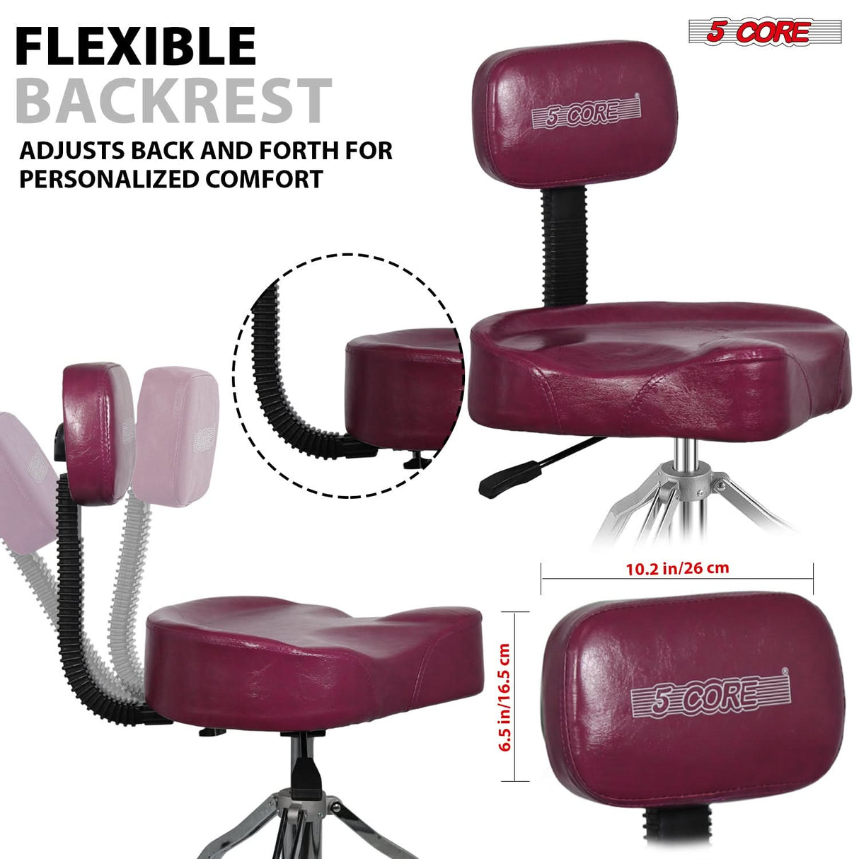 5 Core Drum Throne w Backrest 4" Padded Stool Adjustable 24.5" Drummer Chair w 441Lb Capacity