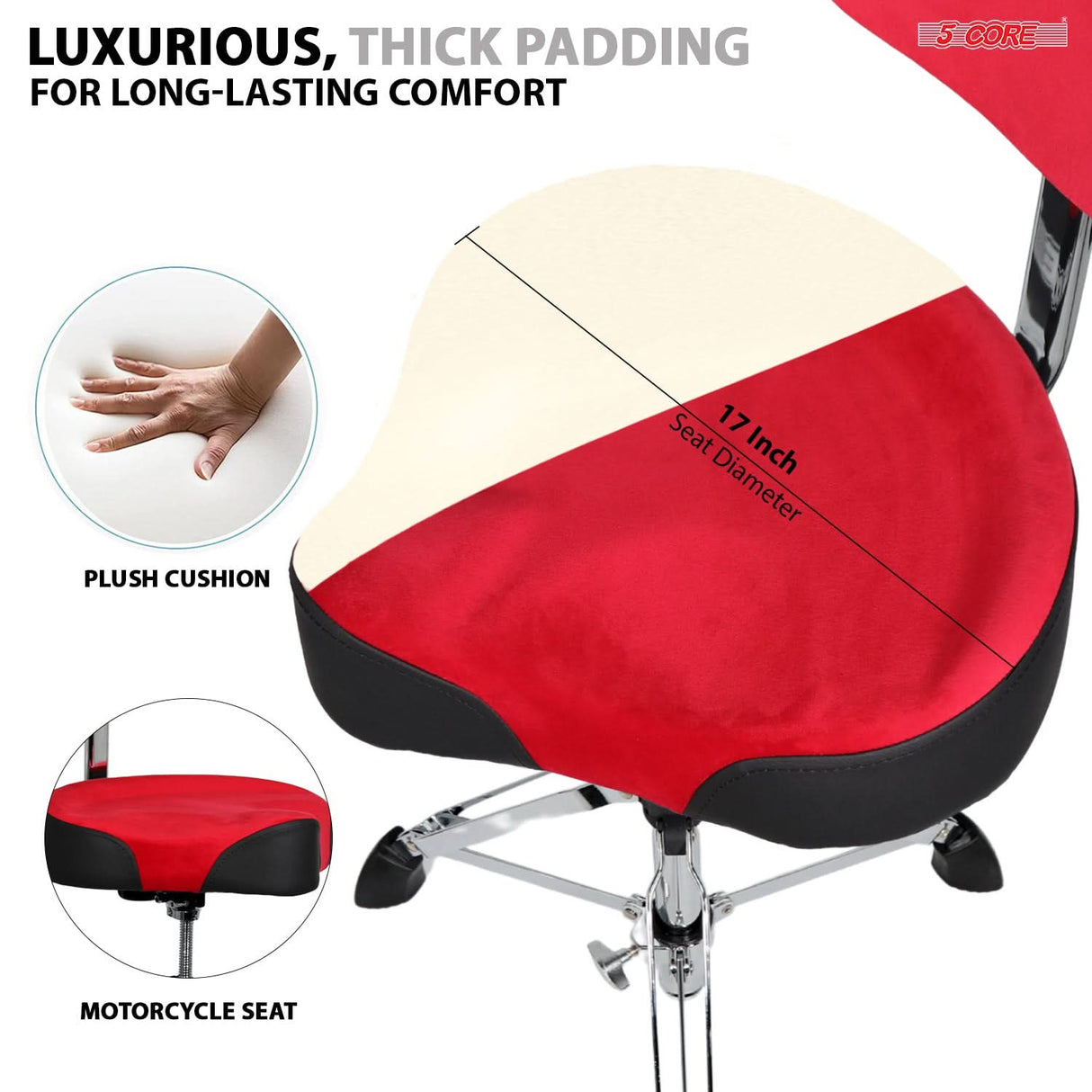 5 Core Drum Throne w Backrest 4" Padded Adjustable 26.5" Drummer Stool w Velvet Top 441Lb Capacity