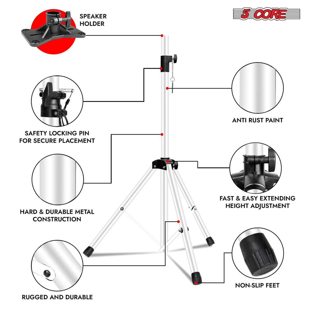 5Core 72 inch white studio monitor stand with secure tripod legs