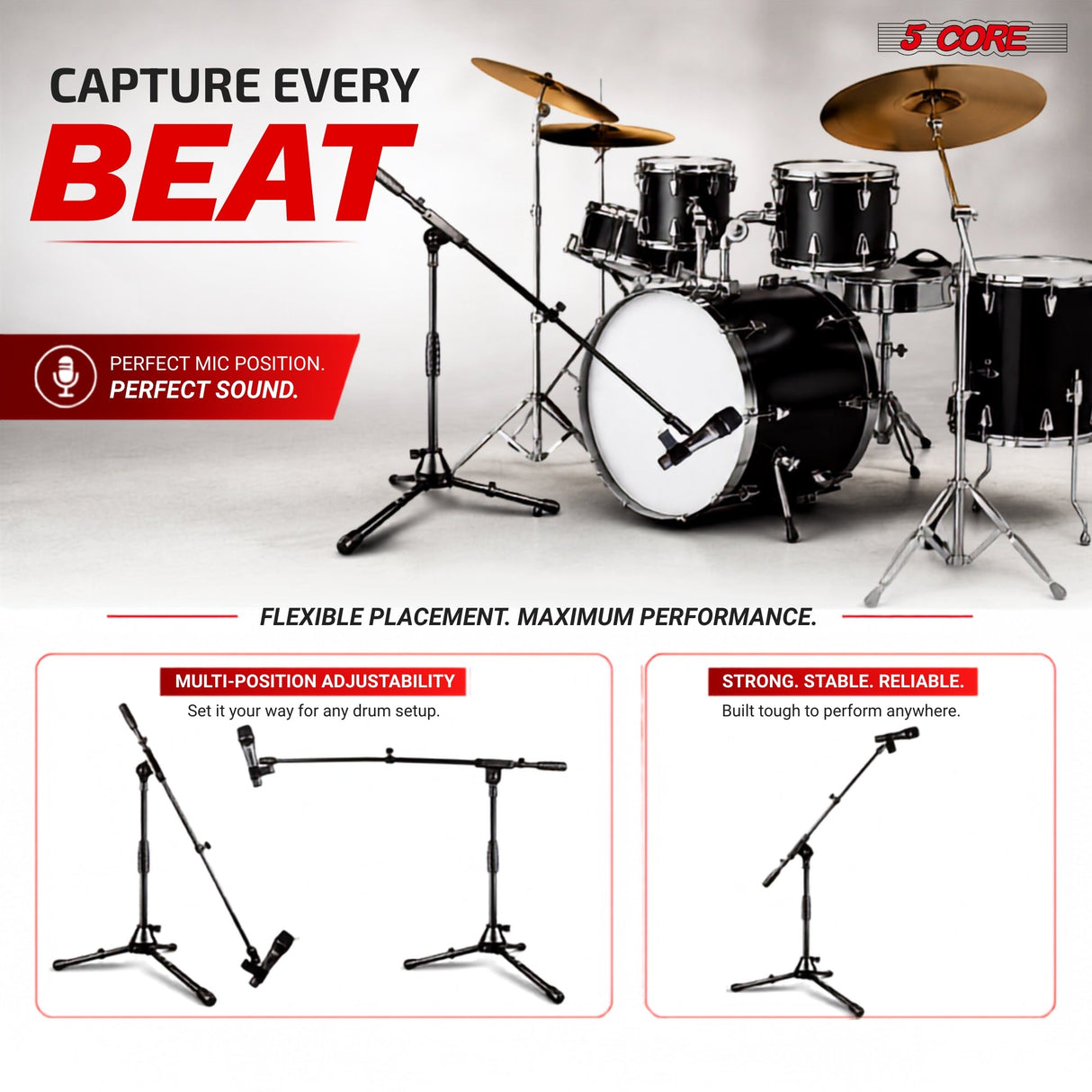 5 Core Mic Stand Floor Adjustable Short Tripod Microphone Stands w Telescoping Boom Arm