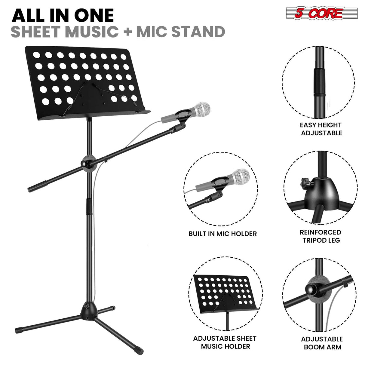 5 Core Music Stand Adjustable Desktop Book Stands w Mic Holder Portable Sheet Holder Metal Bookstand