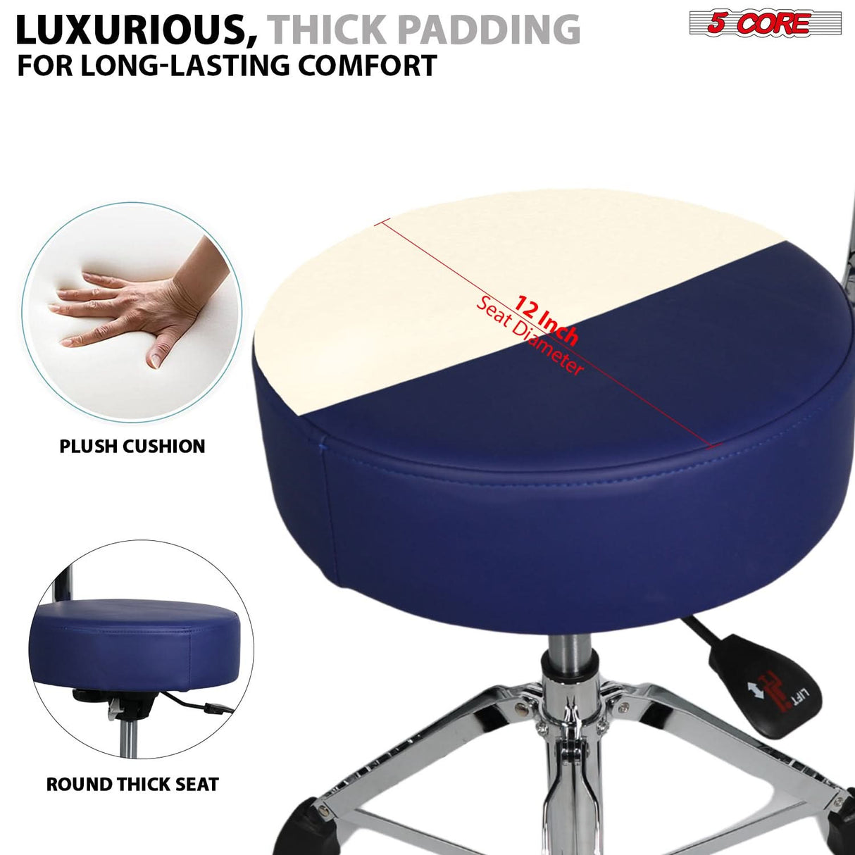 5 Core Drum Throne w Backrest 4" Padded Stool Airlift Adjustable 25.5" Drummer Chair 441Lb Capacity