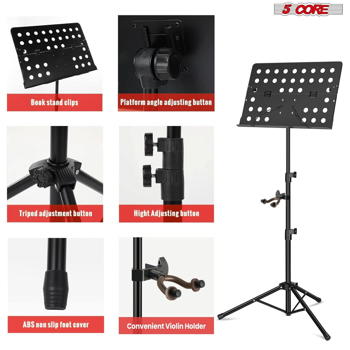 5 Core Music Stand Adjustable Desktop Book Stands Portable Sheet Holder All Metal Foldable Bookstand