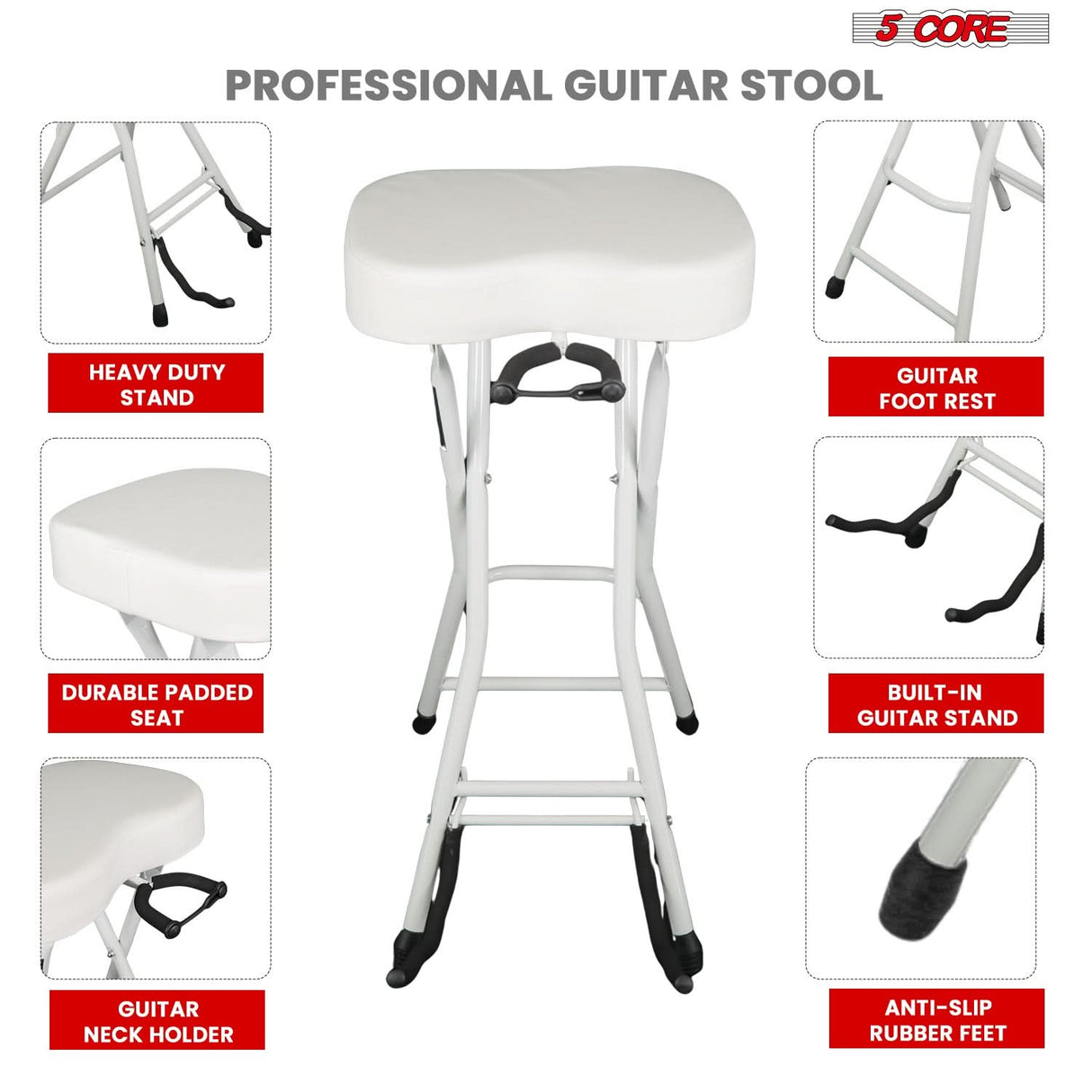 5Core Guitar Stool 3.15" Padded Chair Foldable Heavy Duty Music Seat Built in Foot Rest Guitar Stand