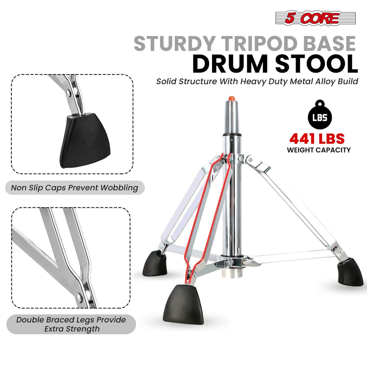 5 Core Drum Throne w Backrest 4" Padded Stool Airlift 25" Adjustable Drummer Stool 441Lb Capacity