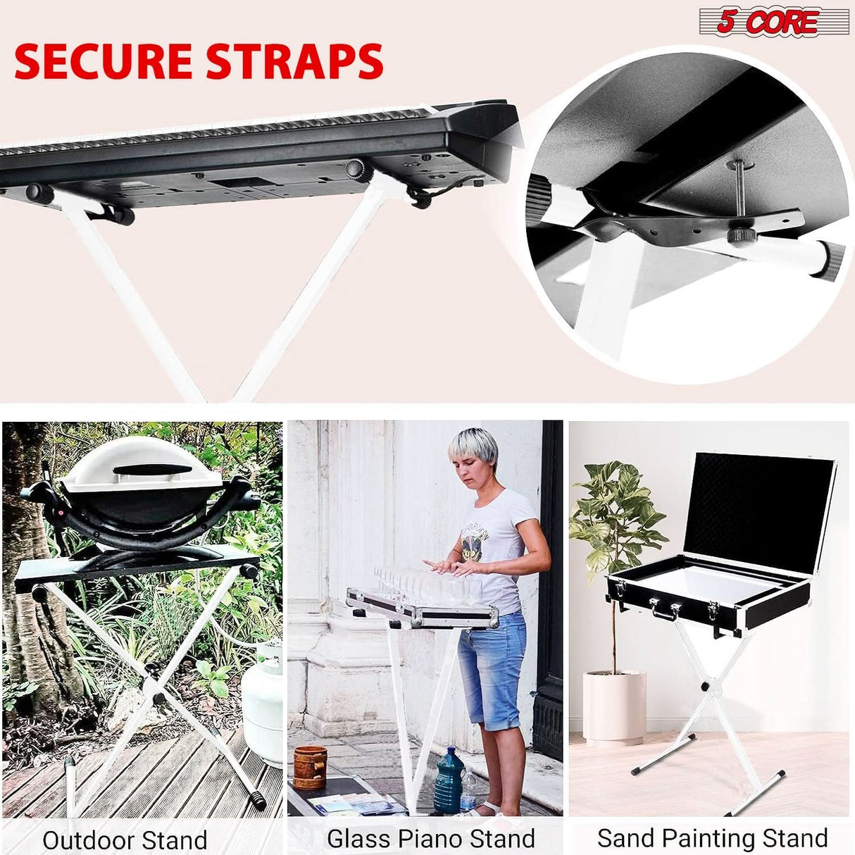 5Core single X adjustable white stand for digital pianos