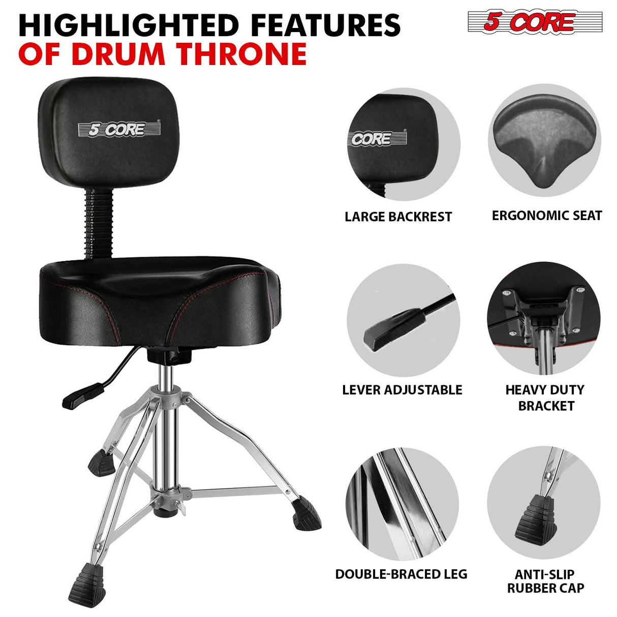 5Core Drum Throne 4" Cushion Padded Stool w Backrest Airlift Height Adjustable Chair w 441Lb Capcity