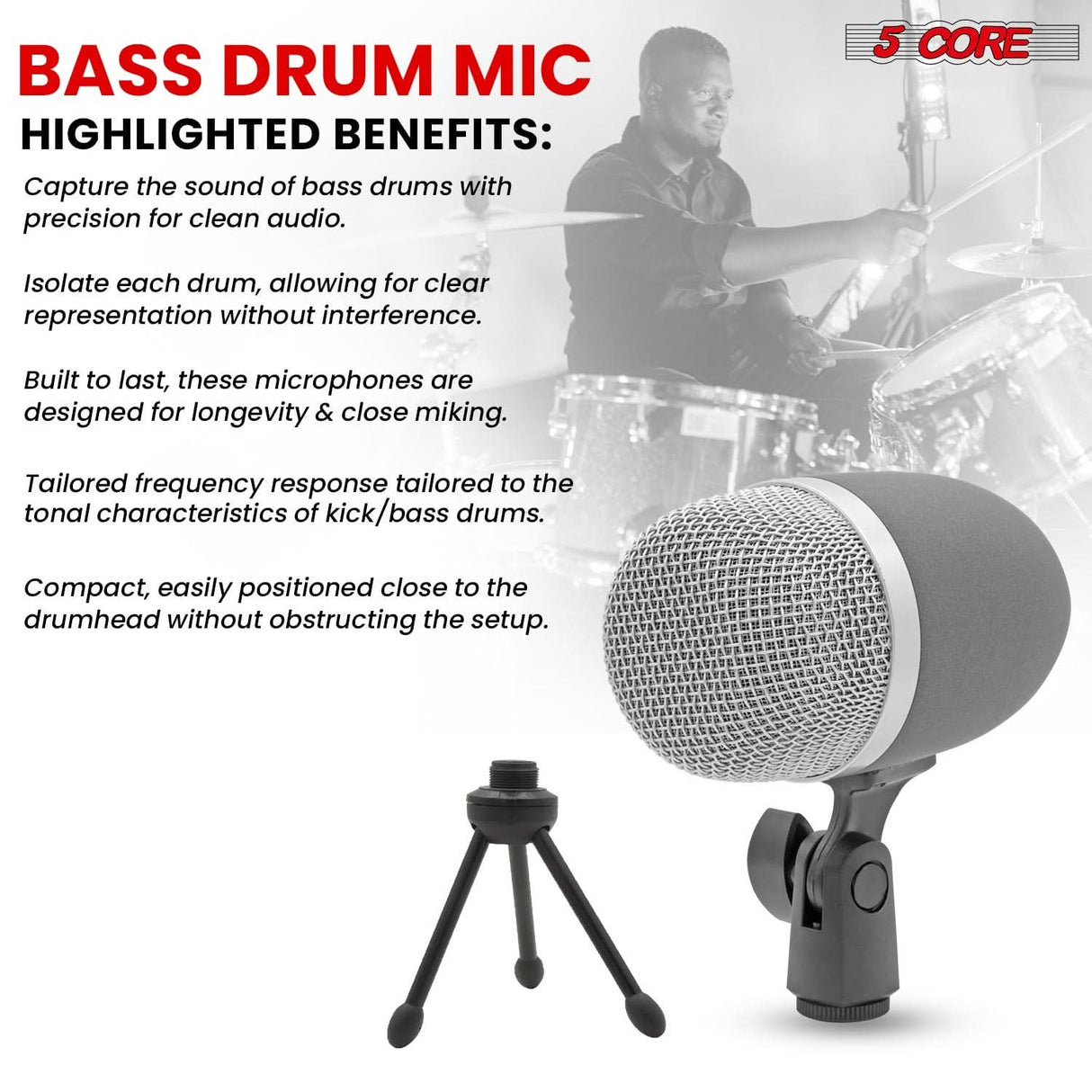 5 Core Kick Drum Microphone Cardioid Dynamic Bass Mic Swivel Adjustable Durable Steel Mesh Grille