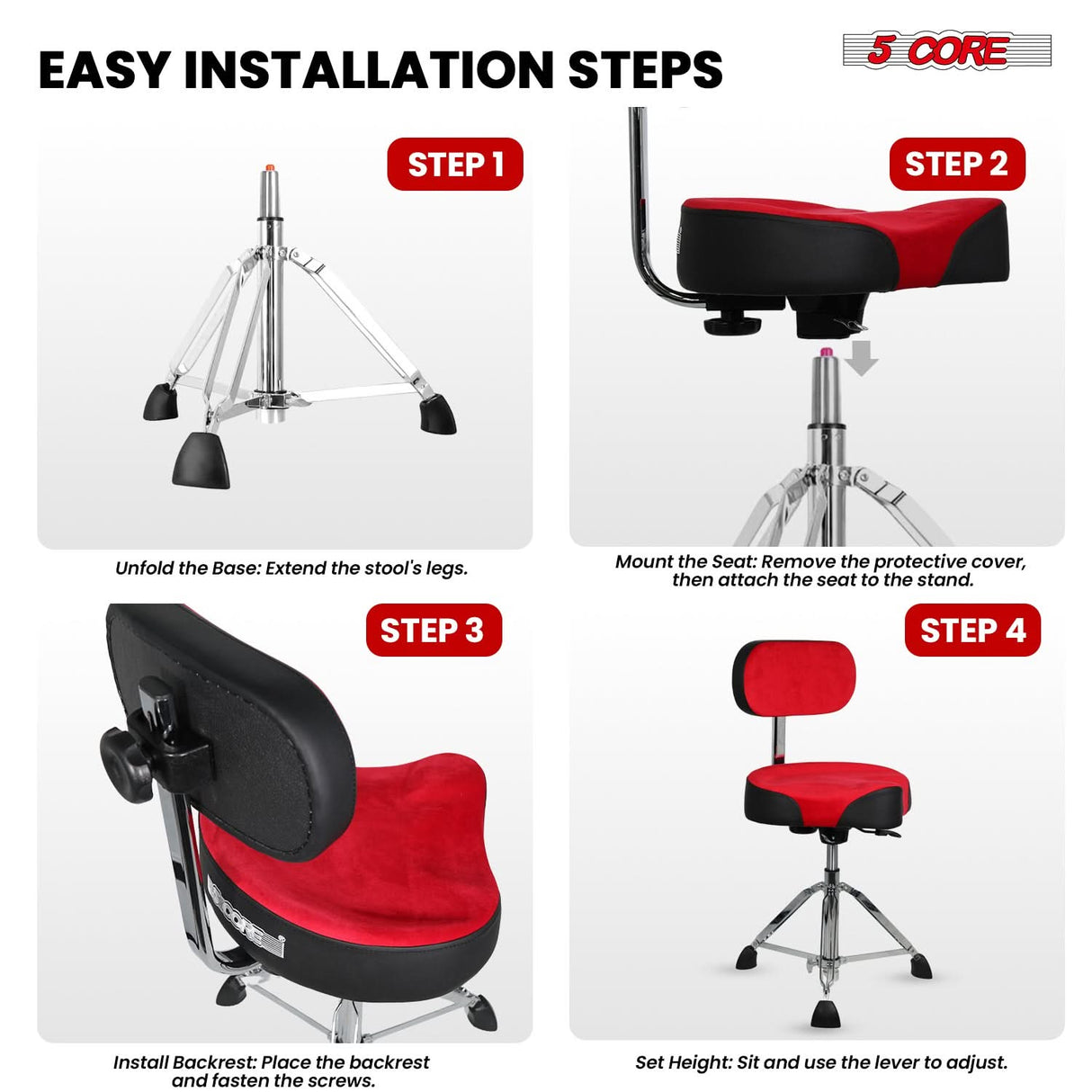 5 Core Drum Throne w Backrest 4" Padded Stool Airlift 25" Adjustable Drummer Stool 441Lb Capacity
